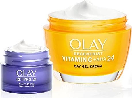 Descubre el secreto de una piel radiante con el pack ahorro de Olay: crema de día Vitamina C y crema de noche Retinol 24. ¡No te lo puedes perder!