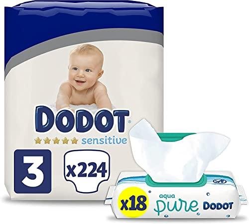 ¡Ahorra y mantén la piel de tu bebé siempre protegida con el pack de 224 pañales Dodot Sensitive talla 3 + toallitas Aqua Pure!