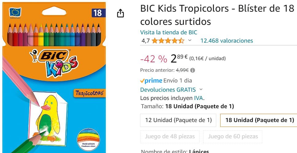 ¡Oferta relámpago para el paquete de 18 lápices BIC Kids Tropicolors con envío Prime!