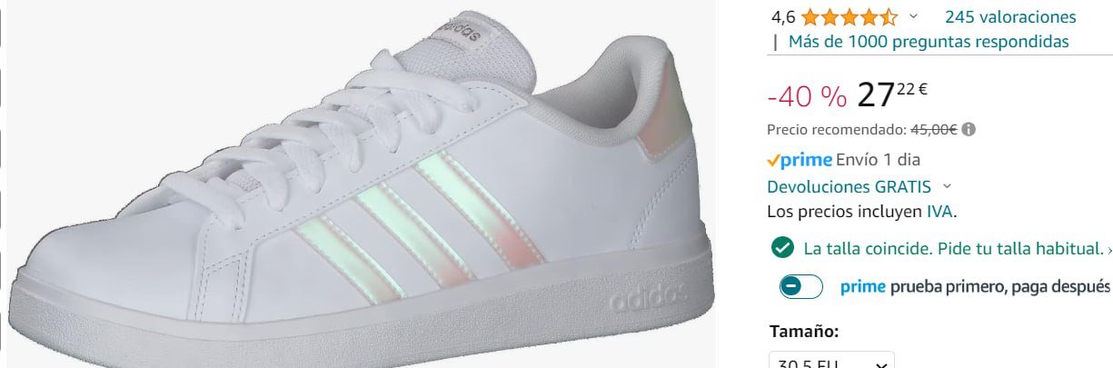 ¡Aprovecha el precio único en las últimas tallas de las deportivas Adidas Grand Court de niña!
