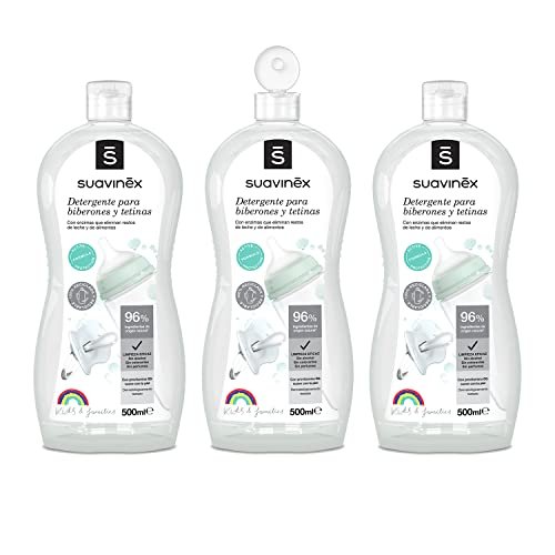 Ahorra tiempo y dinero con el pack de 3 x 500ml del detergente específico para tetinas y biberones Suavinex