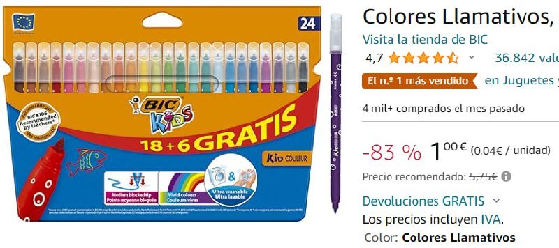 ¡Aprovecha ahora el precio más bajo en el set de 24 rotuladores lavables BIC Kids!