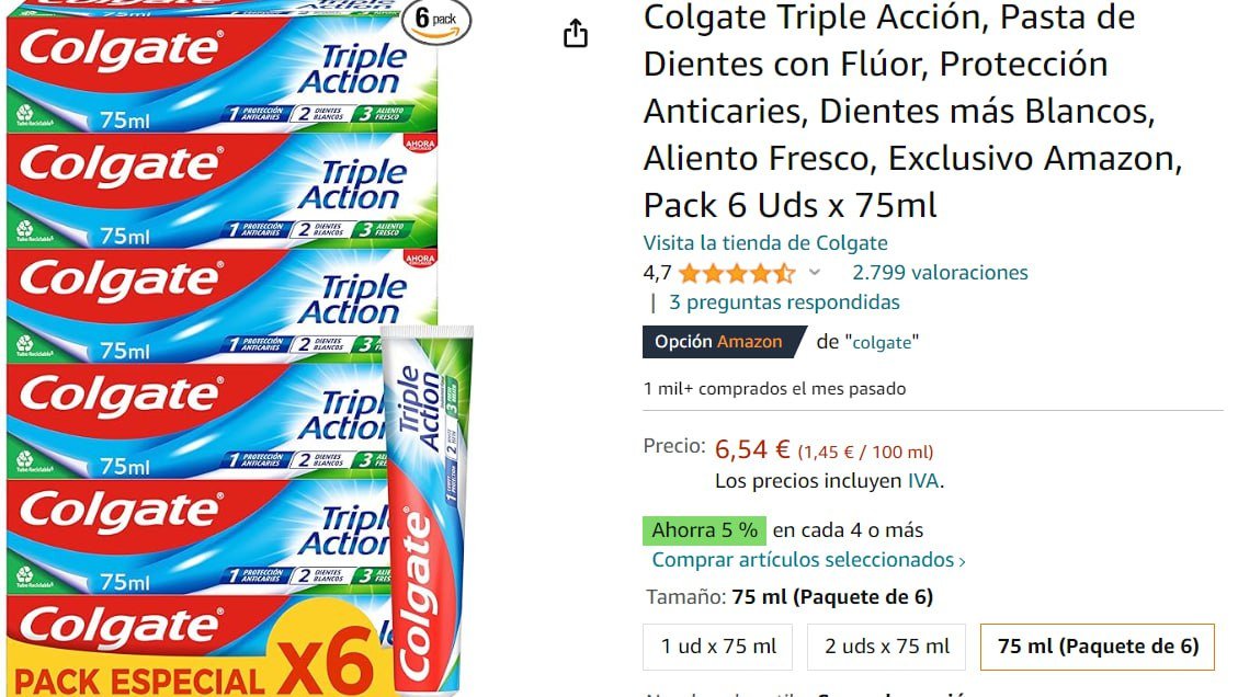 ¡Ahorra al máximo en el pack de 6 pastas de dientes Colgate Triple Acción con envío Prime incluido!