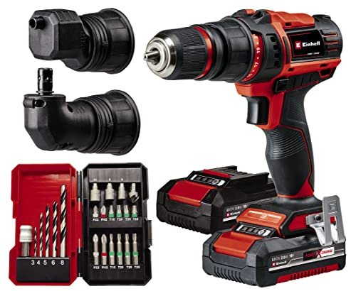¡Ahorra al máximo en el versátil taladro Einhell con portabrocas desmontable, pieza angular y excéntrica, 2 baterías y set de 22 puntas!