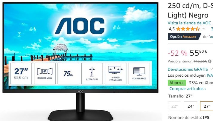 ¡Increíble oferta! Monitor AOC de 27 FHD con panel IPS 75Hz y low blue light ¡Aprovecha la bajada de precio ahora!