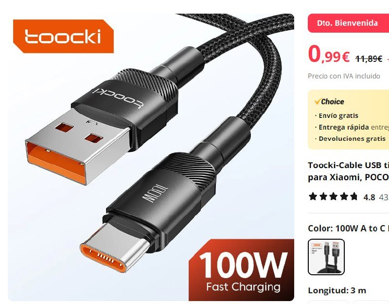 ¡Carga todos tus dispositivos al instante con el cable de carga USB C de 100W Toocki!
