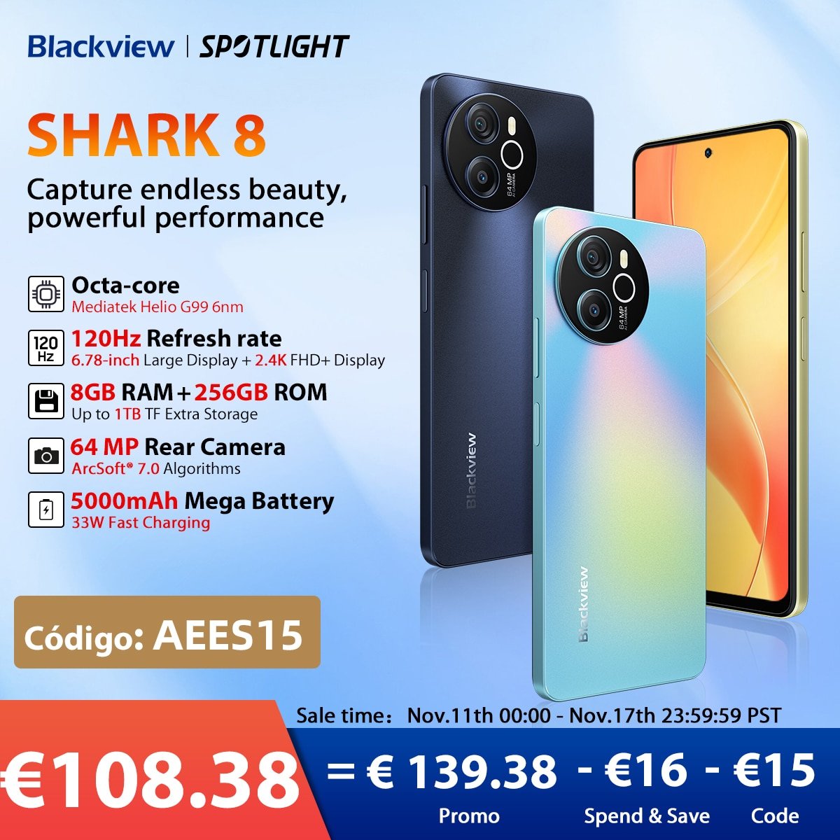 ¡Aprovecha el código y adquiere el irresistible Blackview SHARK 8 de 6,78 pulgadas, 120Hz, 16GB, 256GB al mejor precio!