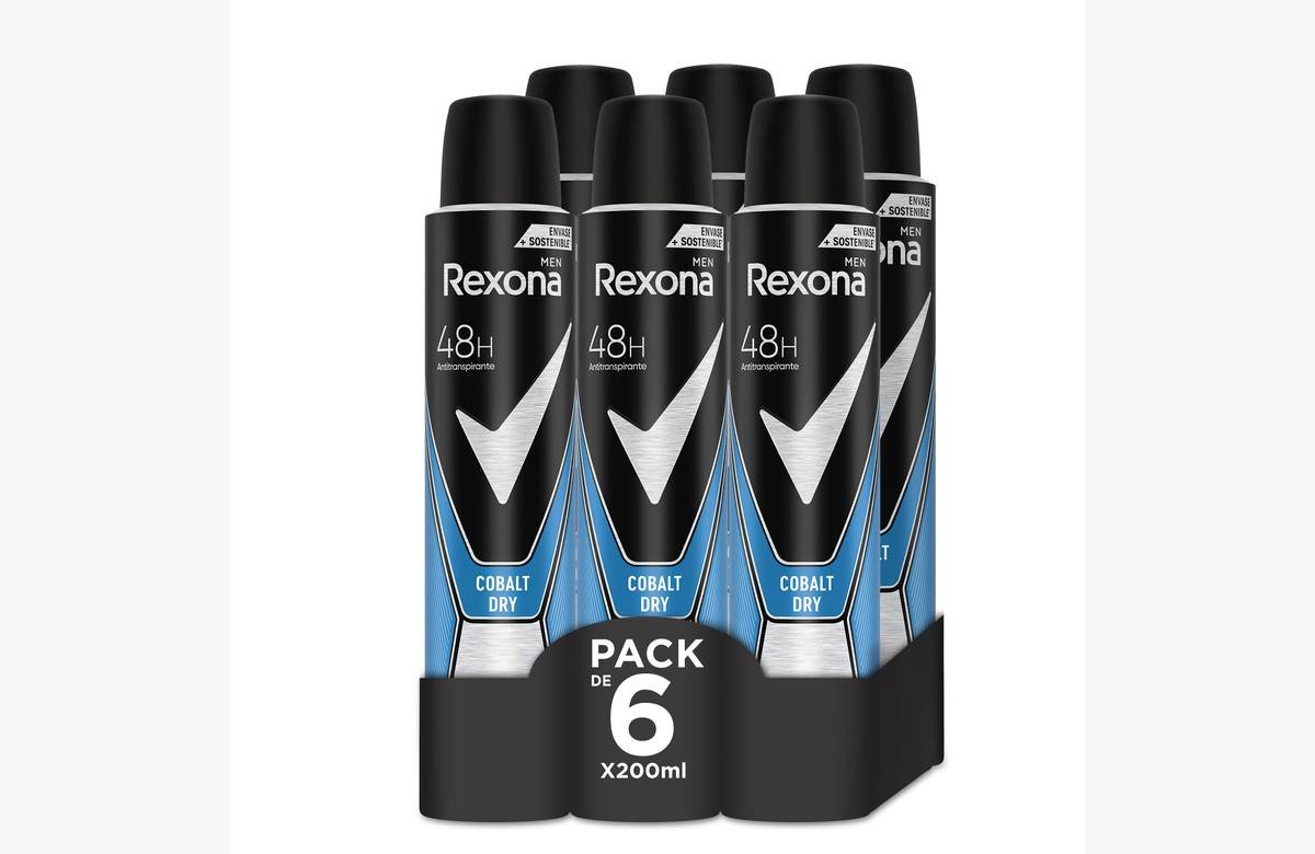 ¡No te arriesgues! Asegura tu frescura con Rexona Desodorante Cobalt Dry 200ml – Pack de 6, protección total por 48 horas.