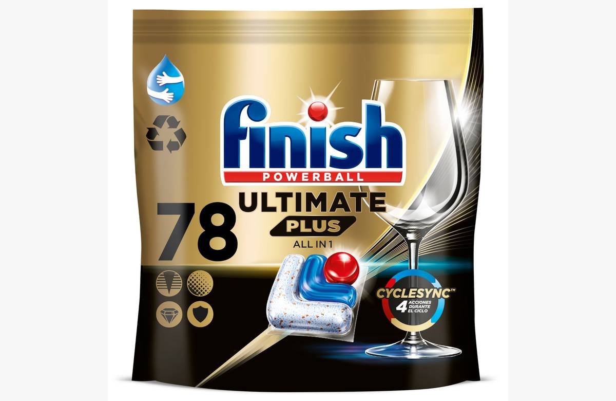 ¡Limpieza impecable con el doble de ahorro! 78 Pastillas para Lavavajillas Pack 2×39 Pastillas Finish Powerball Ultimate Plus All in 1.