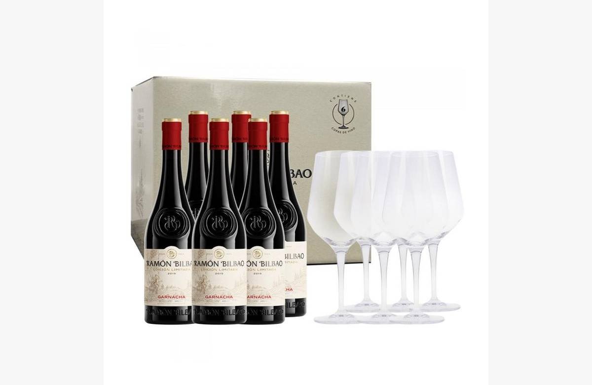 ¡Descuento exclusivo! 6 botellas de Ramón Bilbao Garnacha + 6 Copas de Regalo a precio irresistible. ¡No te lo pierdas!