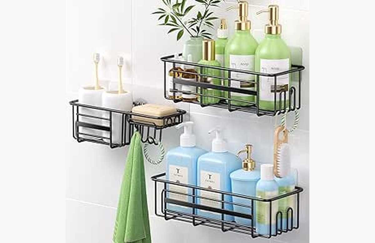 ¡Ordena tu baño como nunca antes! Estantería adhesiva de almacenamiento con ganchos: ¡Aprovecha la oferta y mantén todo en su lugar!