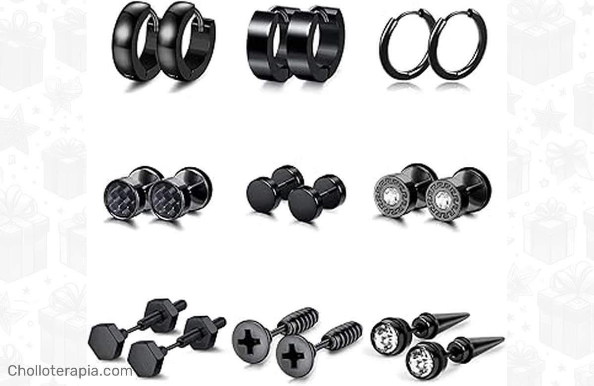 Alucina con el Super pack de 9 pendientes de acero inoxidable para hombres: ¡El toque de estilo que te hará destacar!