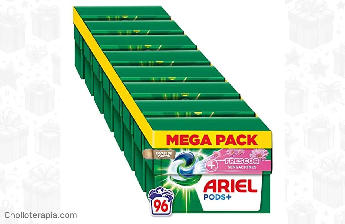 ¡96 lavados de frescor imbatible con el alucinante descuento de Ariel Sensaciones Todo en Uno Pods! ¡No te pierdas esta ganga total para darle a tu ropa una limpieza impecable!
