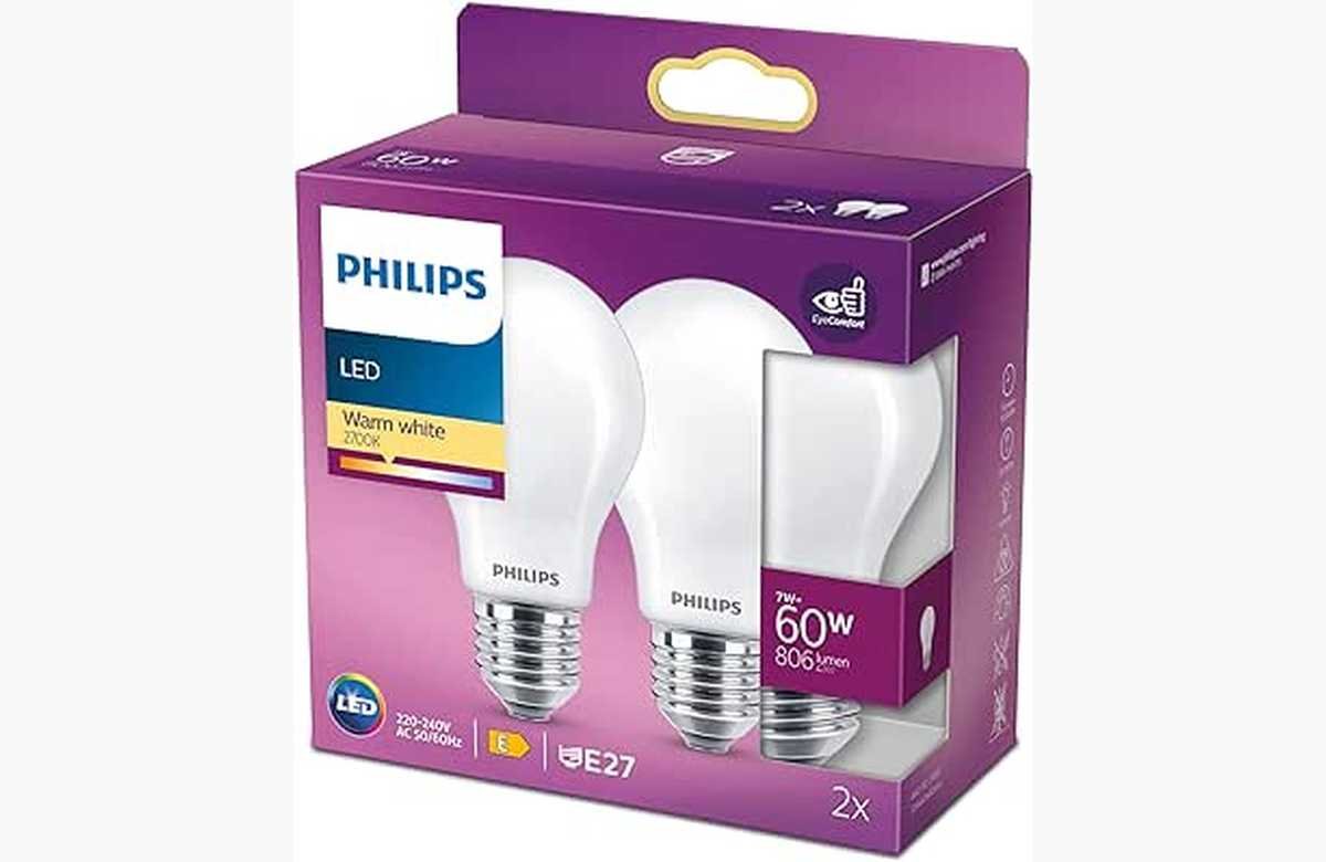¡Ilumina tu hogar al mejor precio! Pack de 2 bombillas LED Philips, 60W, luz blanca cálida. ¡Oferta limitada imbatible!
