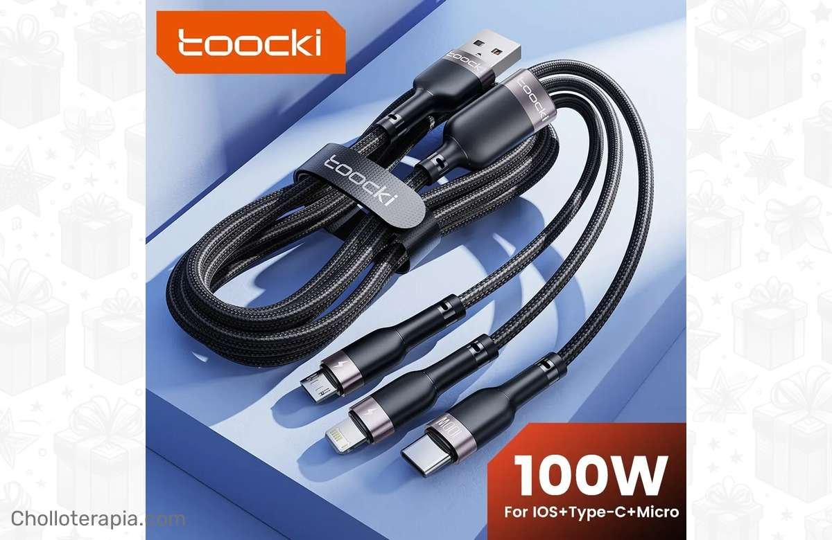 ¡Dile adiós a los cables lentos y recarga tu móvil como nunca antes con el Toocki-Cable 3 en 1 de 6A y 100W! ¡Compatible con iPhone, Huawei, Xiaomi y muchos más!
