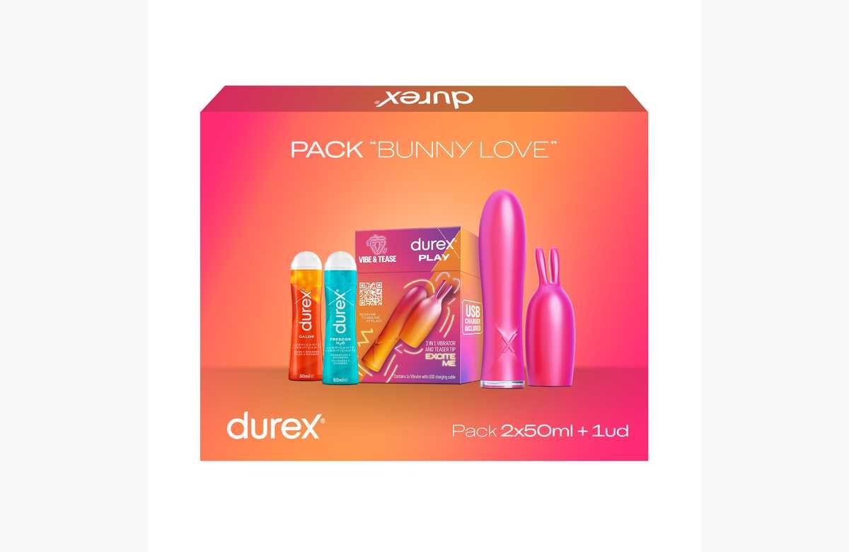 ¡Descubre el Durex Pack Bunny Love! Disfruta al máximo con el vibrador 2 en 1 y gel lubricante de efecto frío y calor. ¡No esperes más!