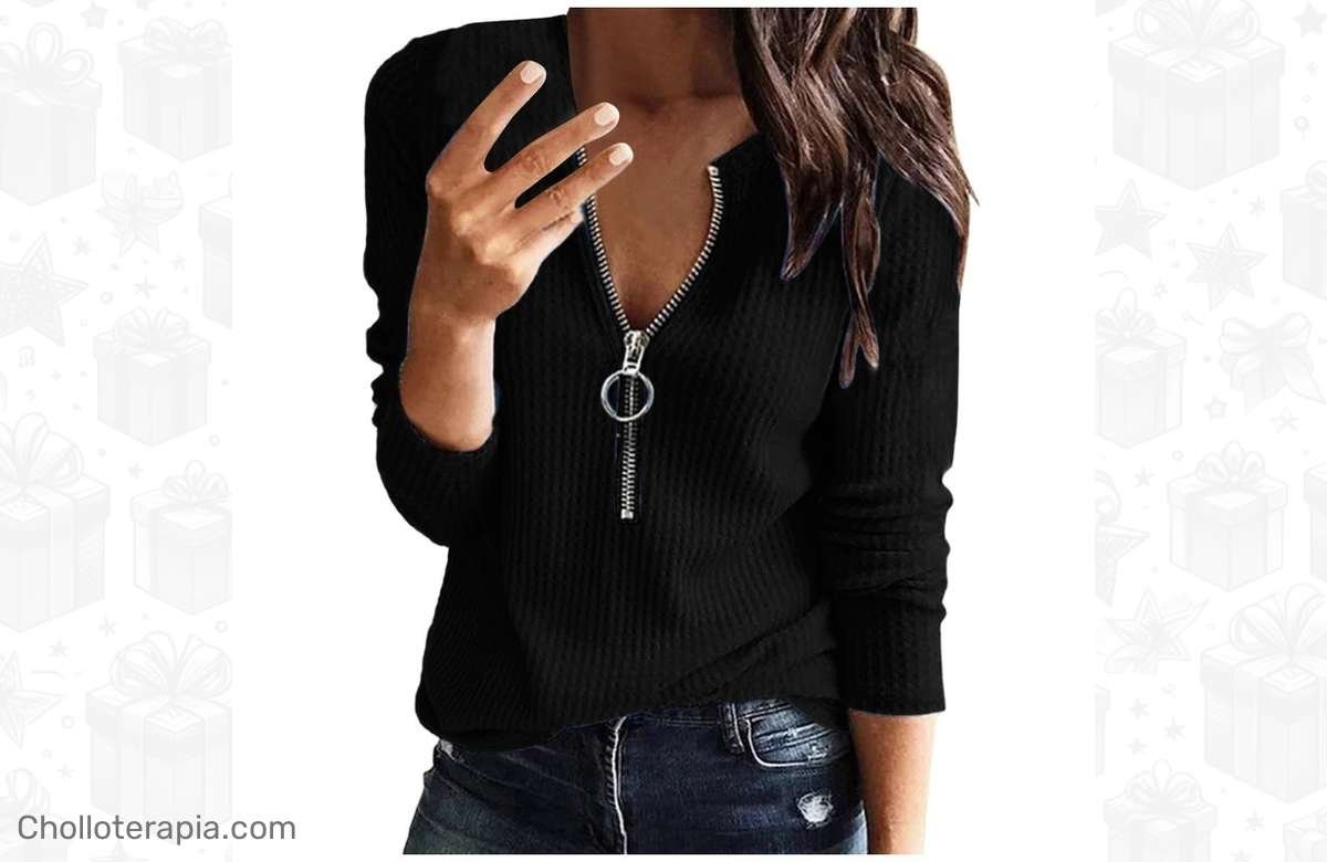 No te quedes sin esta camiseta de manga larga con cuello en V y cremallera para otoño e invierno. ¡Aprovecha la oferta!