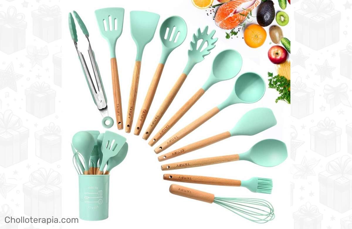 ¡Equípate con el set definitivo de utensilios de cocina de silicona con mango de madera! ¡Tu cocina merece lo mejor!