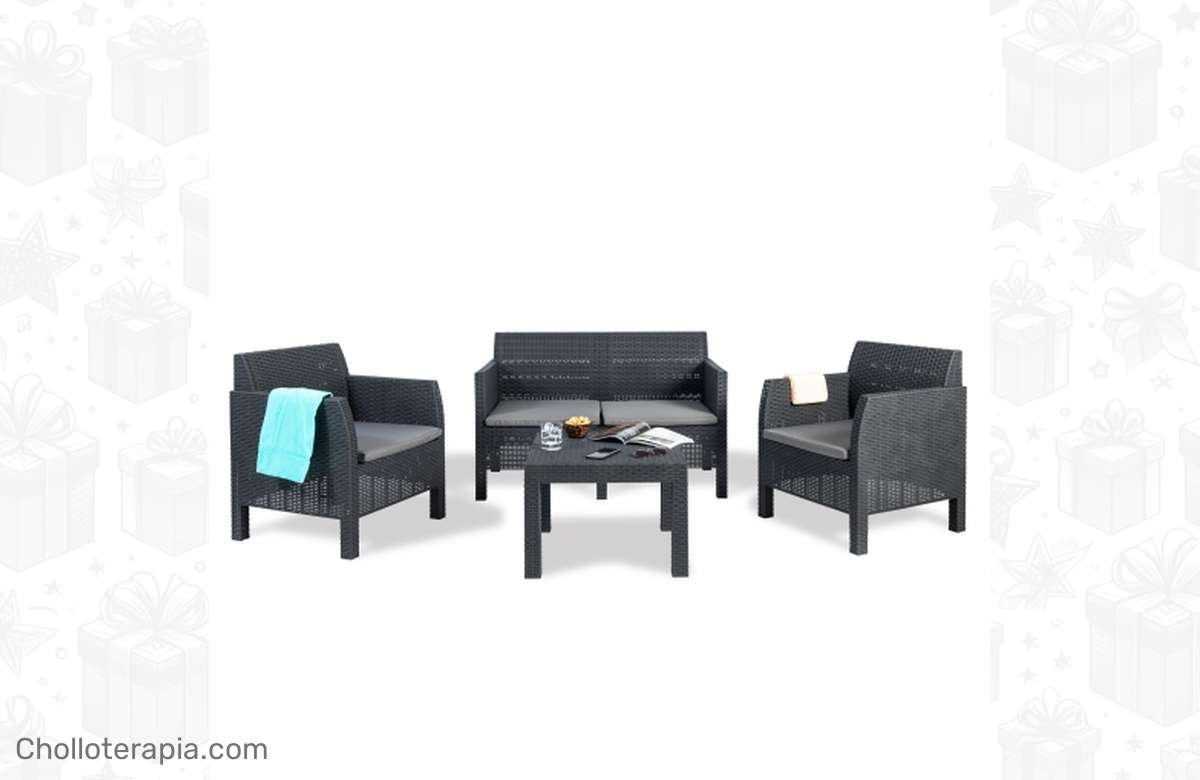 ¡Increíble oferta! Conjunto de Jardín Matilde – Antracita: Mesa + 2 Sillones y Sofá. ¡No te lo pierdas!