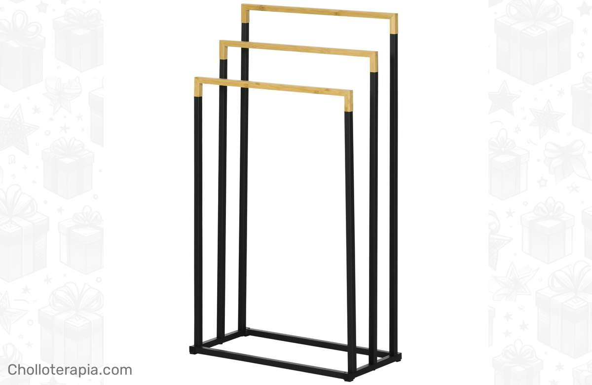 ¡No dejes pasar esta oferta! Toallero de pie con barras de Bambú y Marco de Acero. ¡Mantén tu baño ordenado!