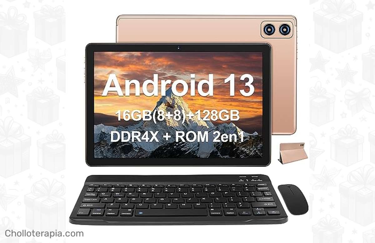 ¡Aprovecha la oferta del WOZIFAN 10.1 Android 13 Tablet en color Oro con estuche de teclado y mouse!