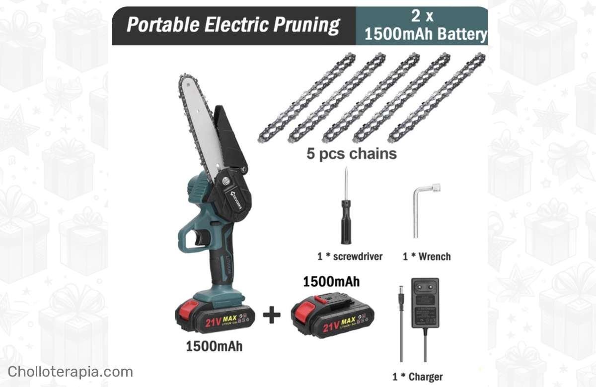 ¡Aprovecha la ganga de esta sierra eléctrica de poda con accesorios!
