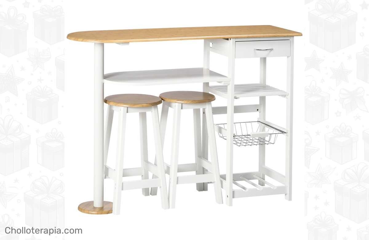 ¡No te quedes sin él! Set de Mesa de Bar y Taburetes con cesta extraíble y botellero. ¡Ideal para tus reuniones!