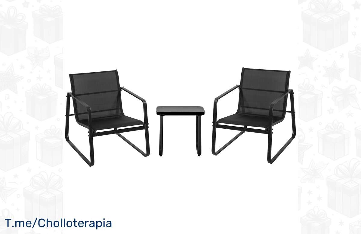 ¡Ahorra con estilo! Set de Muebles de Jardín 3 Piezas con mesa de vidrio y sillas transpirables. ¡Haz de tu terraza un paraíso!