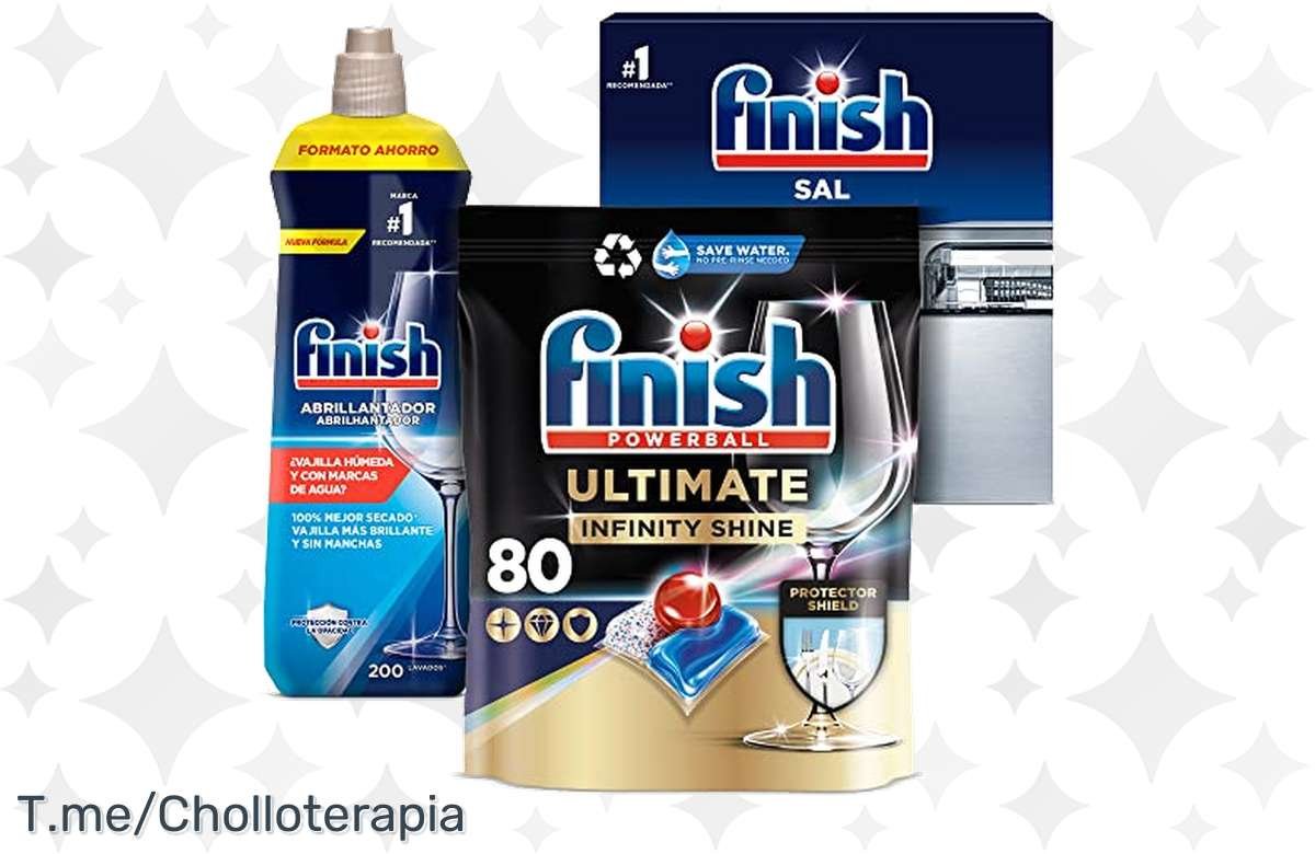 ¡Ahorro asegurado! Dale a tus platos el brillo que se merecen con Finish Powerball Ultimate Infinity Shine + Abrillantador + Sal. ¡Compra ya!