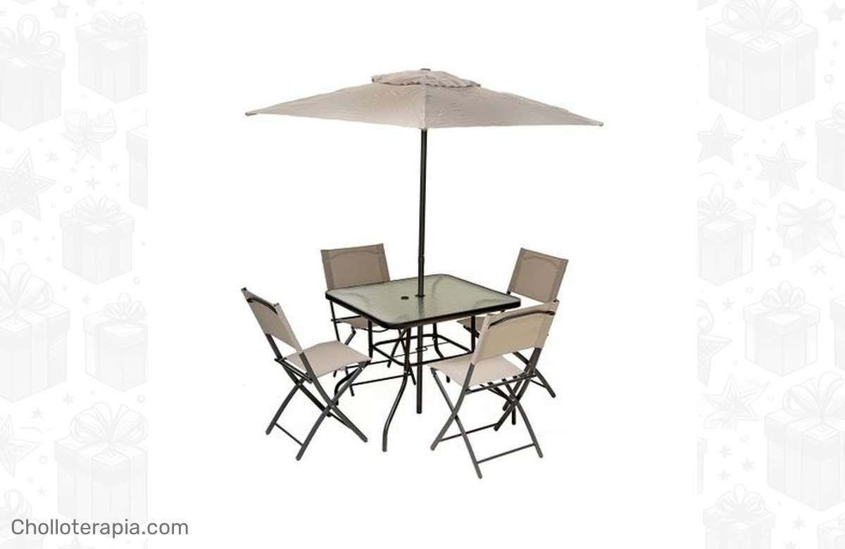 ¡No te lo pierdas! Conjunto de comedor de jardín con sombrilla vico – 4 plazas – beige – a precio de chollo