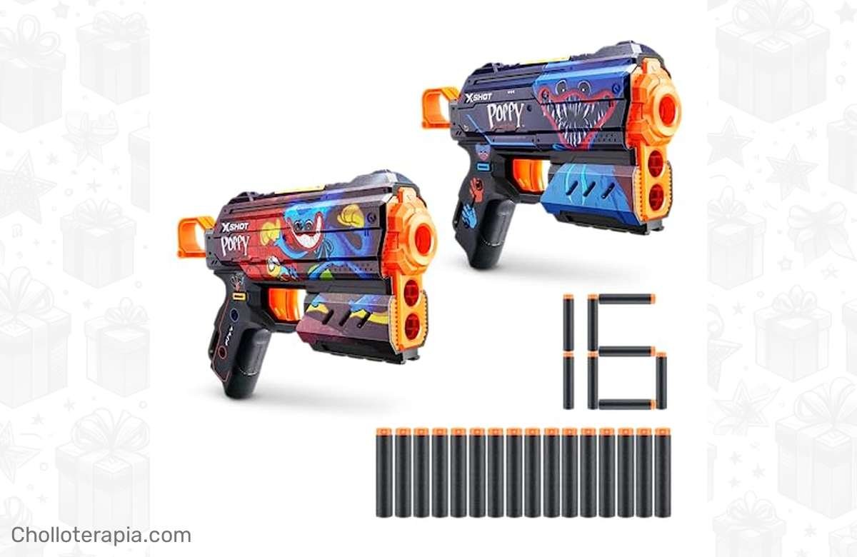 ¡No te quedes sin tu Pack de 2 lanzadores XSHOT-X-Shot Skins Flux Blaster-Poppy Playtime con tecnología Air Pocket y 16 dardos de espuma! ¡Oferta por tiempo limitado!