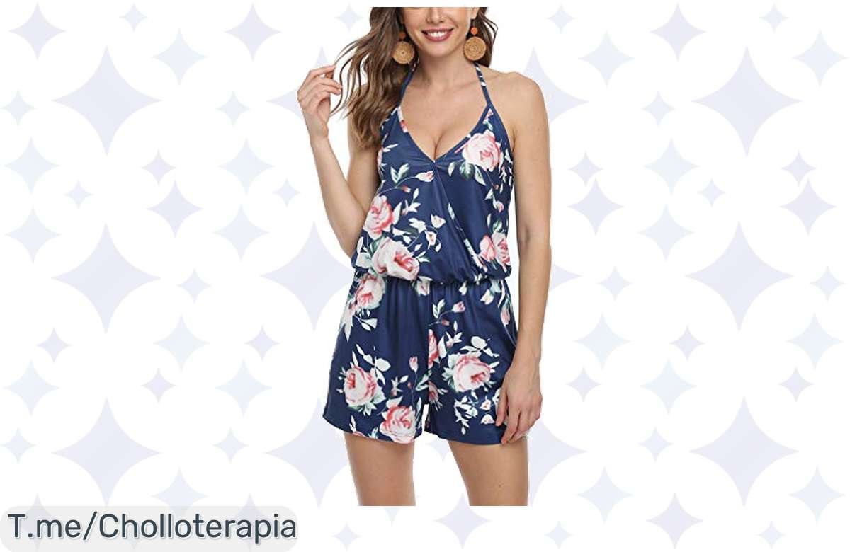 ¡Oferta Relámpago! Traje Mono Halterneck Azul con Escote en V a Precio de Risa, ¡No te lo Pierdas!