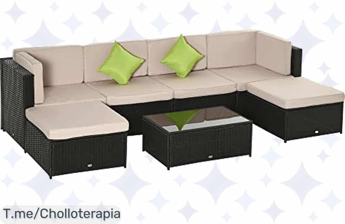 Transforma tu jardín en un paraíso con el conjunto de muebles de ratán de 7 piezas, ¡super chollo con cojines lavables y comodidad de lujo! Oferta limitada, compra ya.