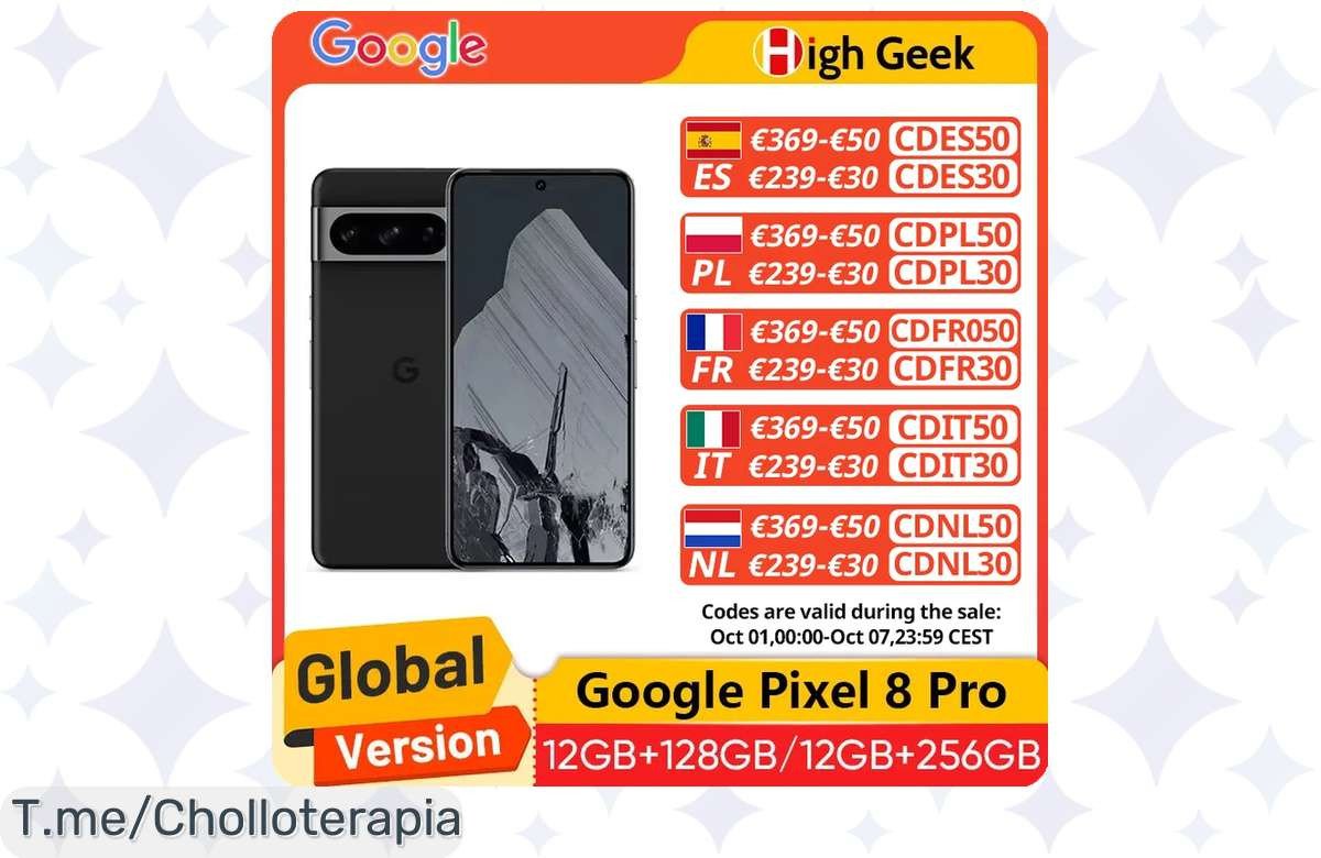 Descubre el Google Pixel 8 Pro 5G: Pantalla OLED impresionante, cámara de 50MP y batería eterna ¡Super chollo a precio de ganga! ¡Compra ahora antes de que se acabe!