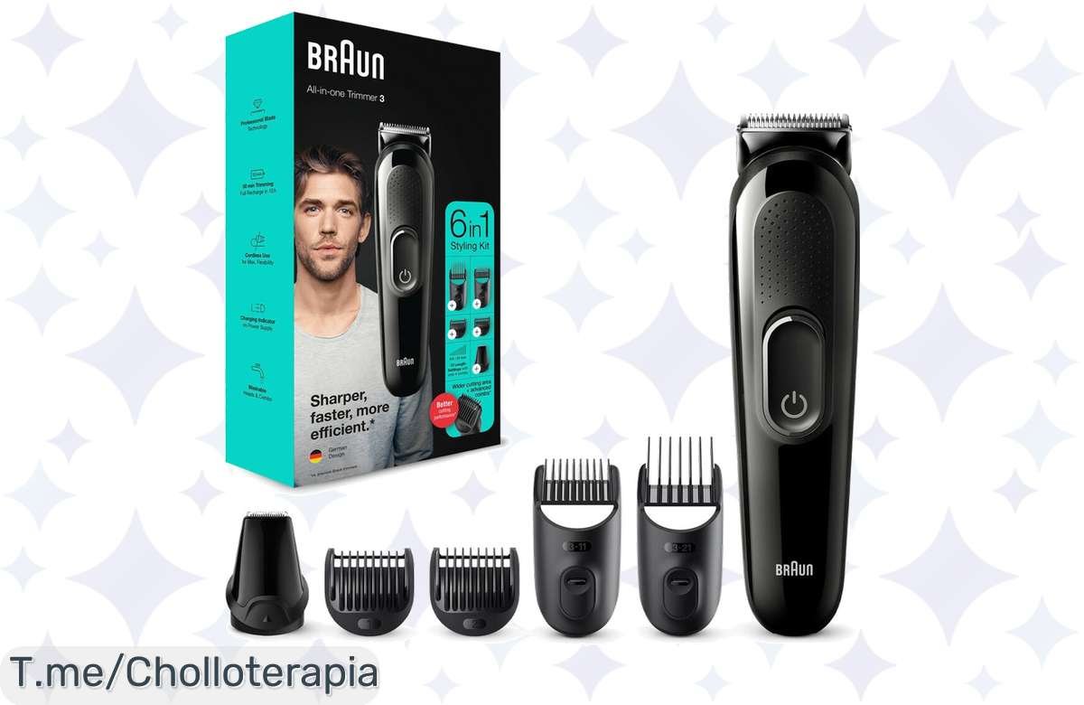 Descubre el cortapelo 6 en 1 Braun MGK3325: ¡ofertón único que controla tu estilo de pies a cabeza! No pierdas esta oportunidad, tu mejor corte te espera ahora mismo.