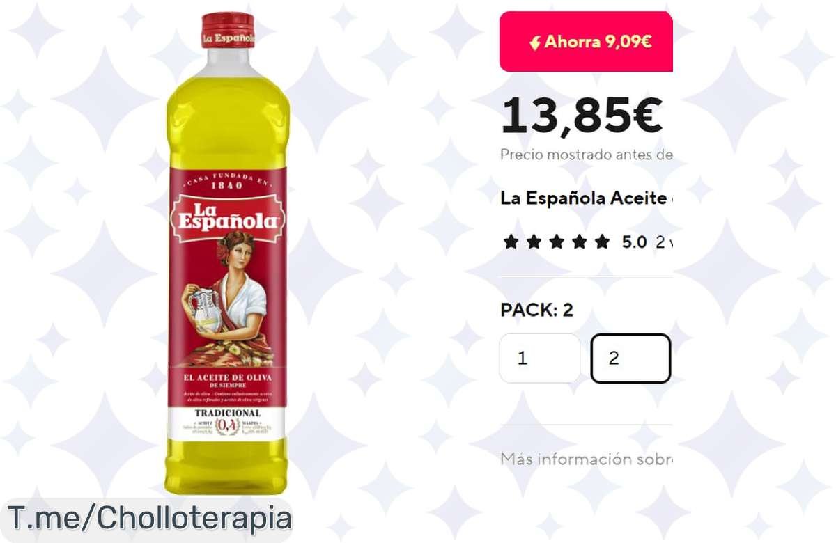 Descubre el super chollo del aceite de oliva suave La Española en pack de 2 botellas, un sabor excepcional que transformará tus platos. ¡Compra ahora antes de que se agote!