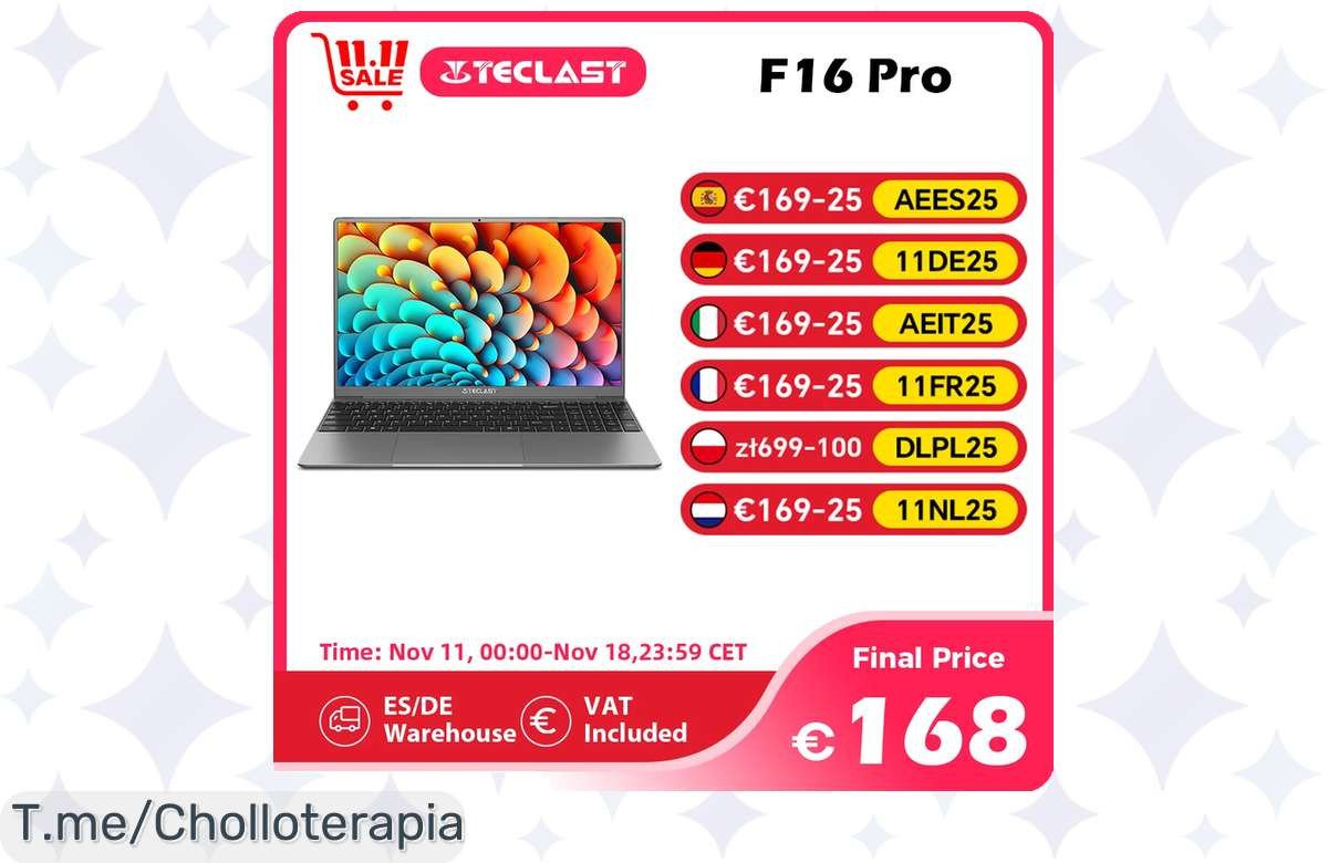 Atrapa el chollazo del Teclast F16Pro: Potente con 16GB RAM y teclado retroiluminado. ¡Descuento brutal solo hoy! No dejes escapar esta oferta única, compra ya.
