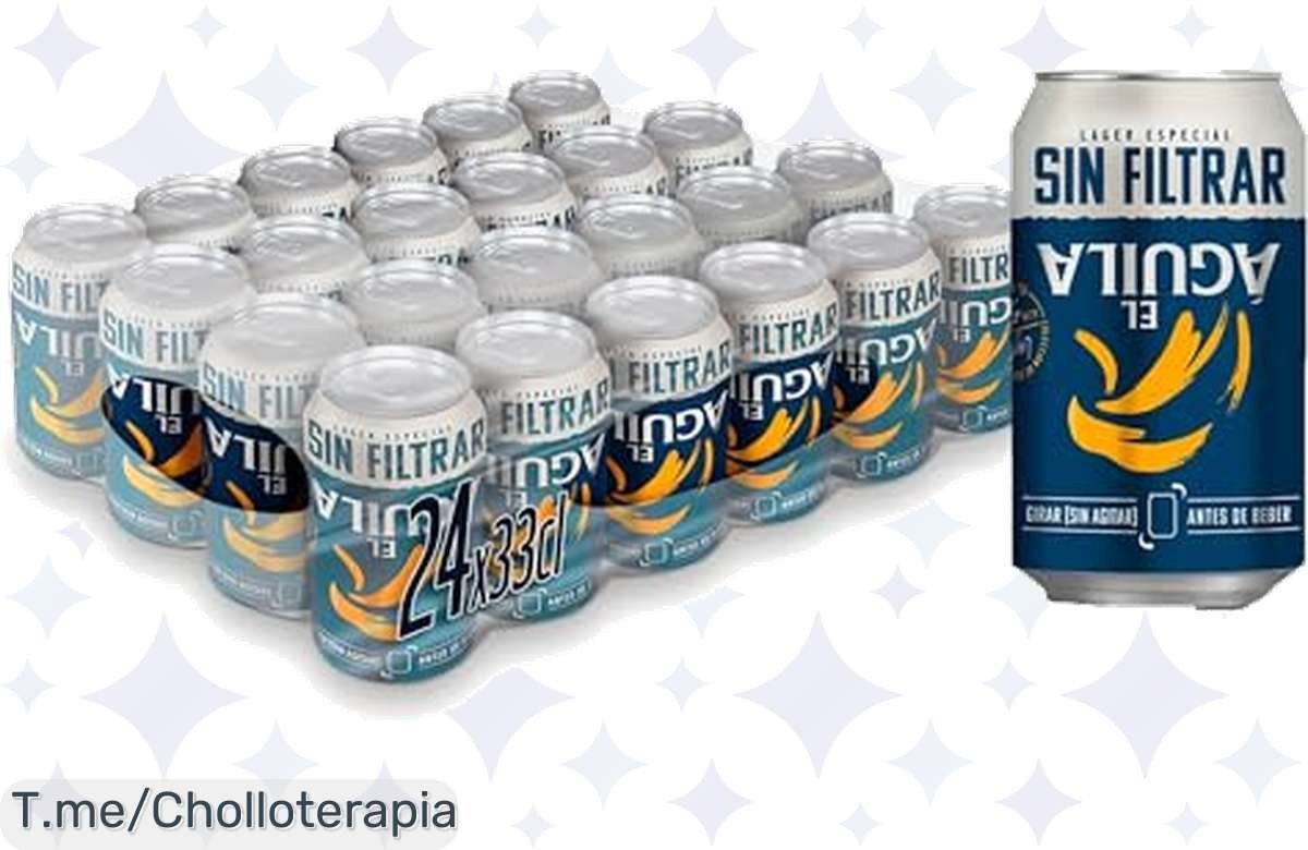 Atrapa el sabor único de la mejor cerveza con El Águila Sin Filtrar, disfruta su frescura en cada sorbo y aprovecha este super chollo de 24 latas. ¡Compra ya antes que se agote!