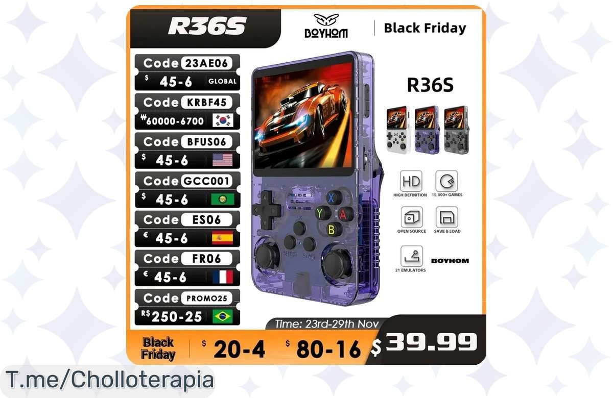 Consola portátil Retro R36S con pantalla IPS y 64GB de juegos a un precio loco, disfruta la diversión donde quieras. ¡No te pierdas este ofertón limitado, actúa ya!