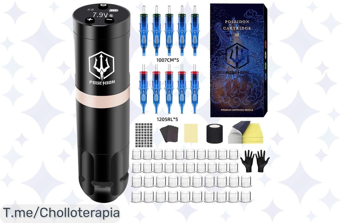 Descubre el kit de tatuaje Poseidon y aprovecha este super chollo: la máquina inalámbrica más potente que te convierte en un artista. ¡Compra ahora antes que se acabe!