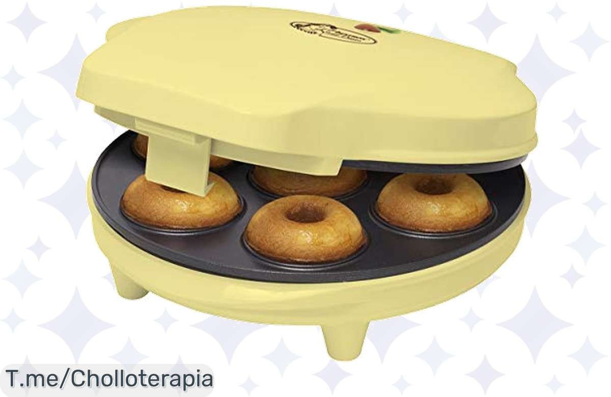 Haz realidad tus sueños de donuts con el Bestron Donut Maker en amarillo retro, crea 7 mini rosquillas doraditas en segundos ¡No te pierdas este ofertón antes que se agote!