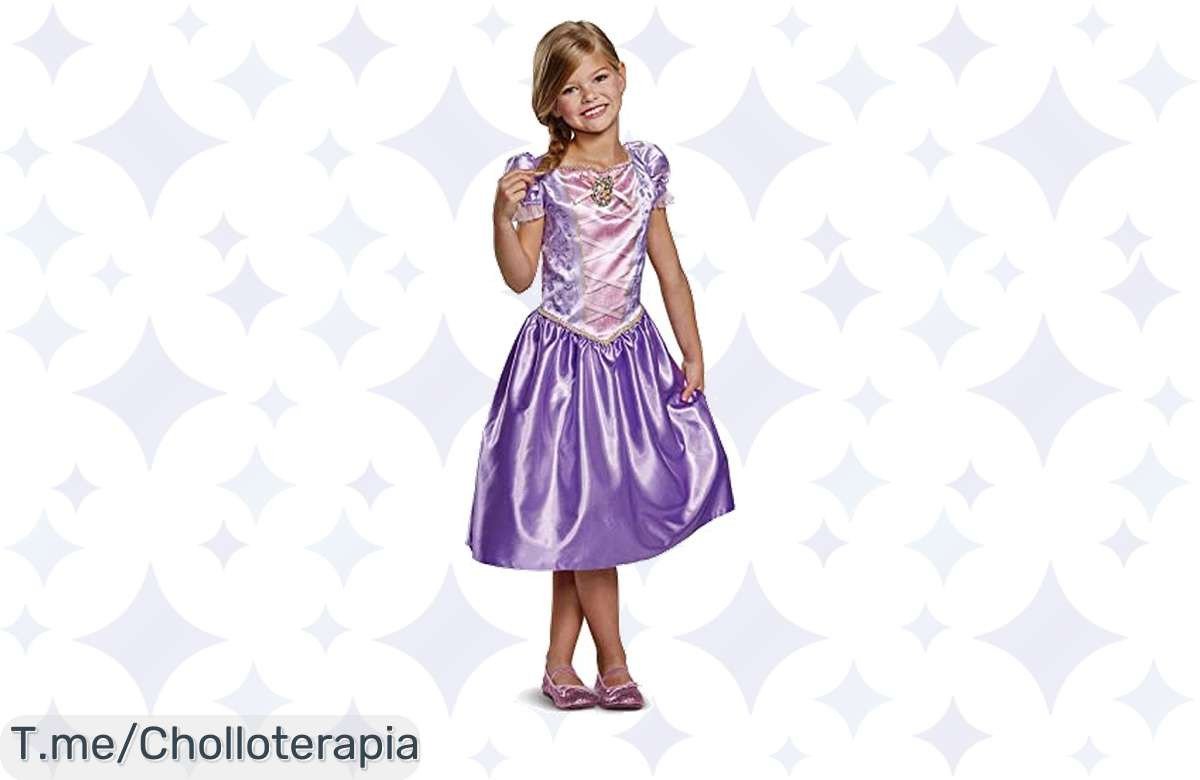 Transforma a tu niña en una princesa Disney con el disfraz de Rapunzel, un diseño impresionante que dejará a todos sin palabras. ¡No te pierdas este super chollo y compra ya!