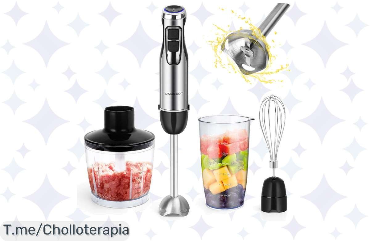 Transforma tu cocina con la batidora de mano 1000W, un super chollo que incluye picador y vaso medidor. ¡No te pierdas esta oferta única antes de que se agote!