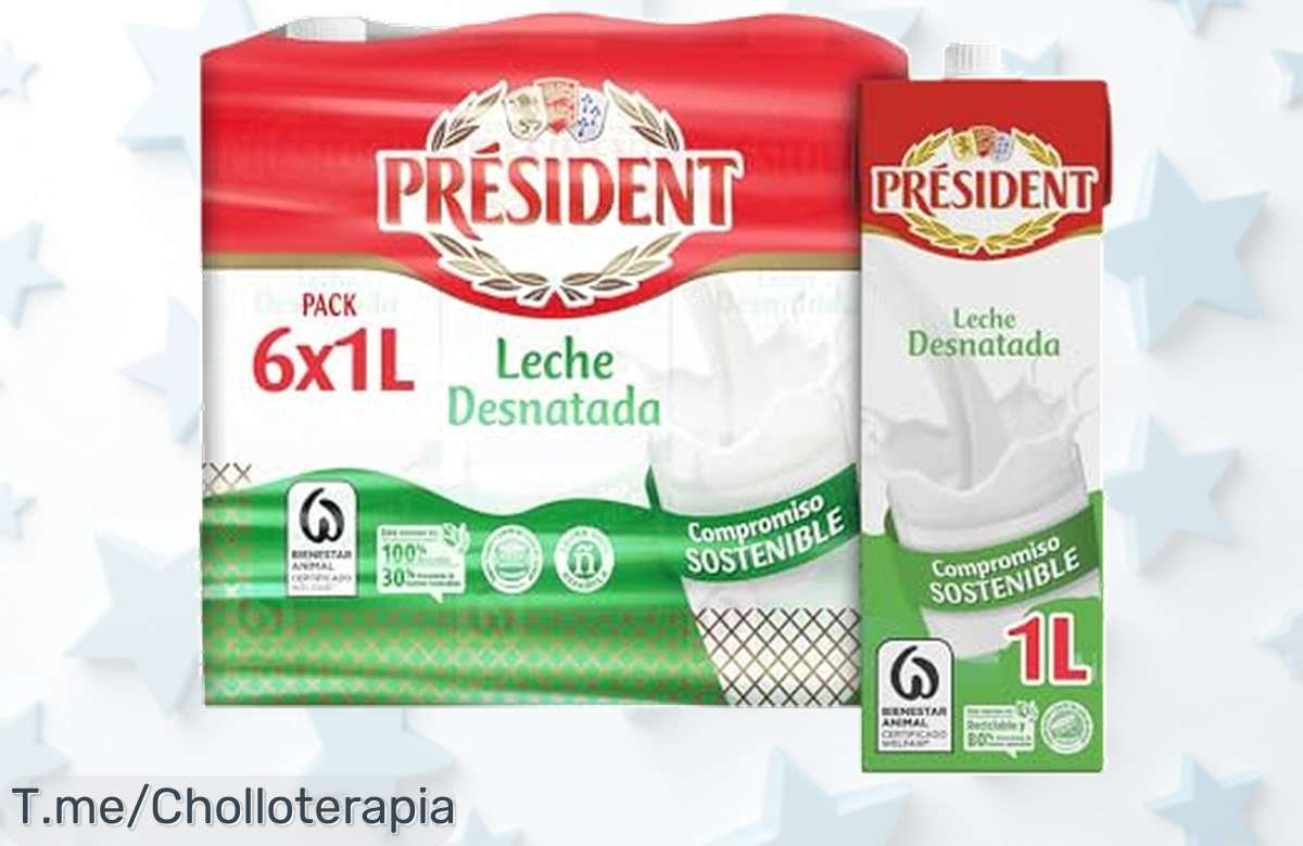 Descubre la Leche Président Desnatada: ¡Rica en proteínas y calcio para tus huesos fuertes! Aprovecha el precio loco de 6 litros. ¡Compra ya antes que se agote este ofertón!