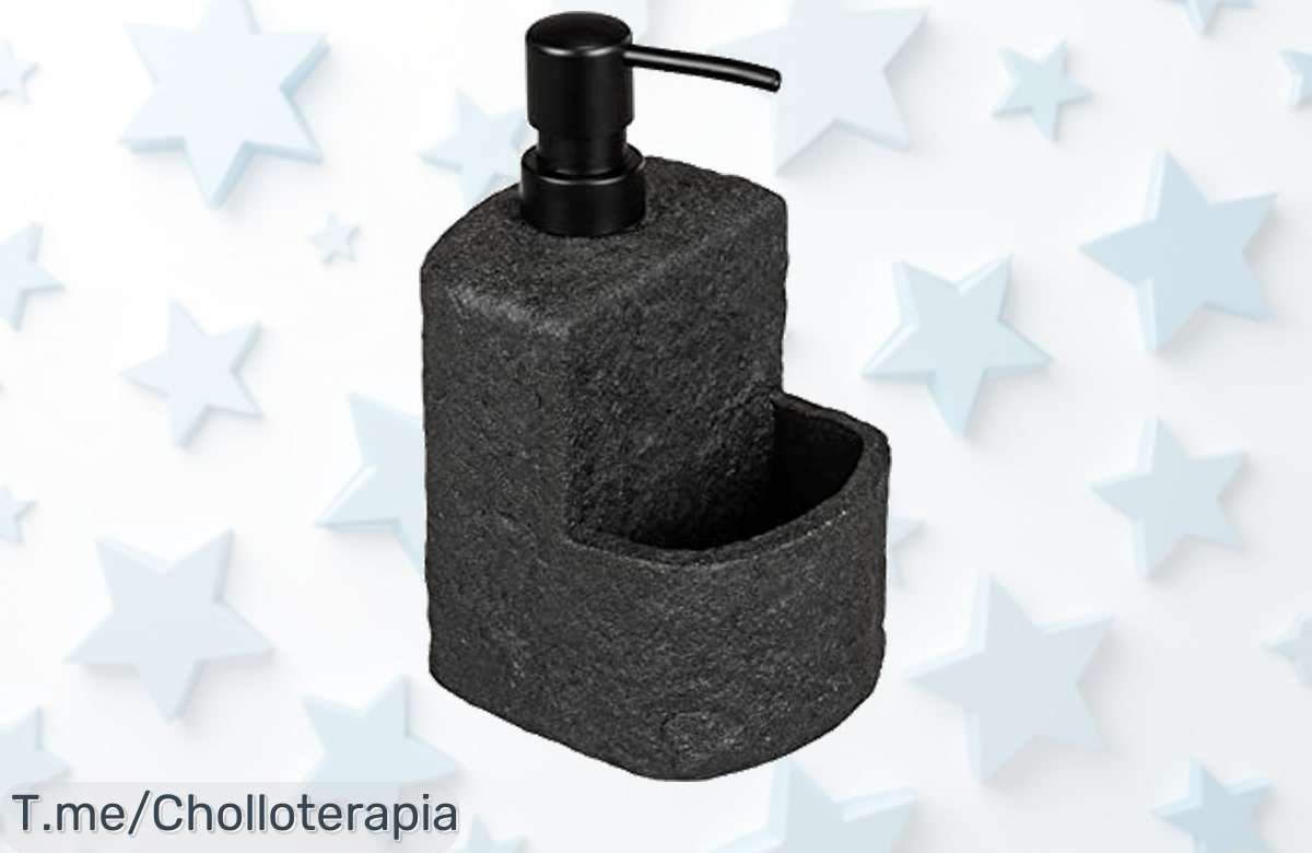 Transforma tu cocina con el elegante dispensador Wenko Festival Stone, fácil de usar y con compartimento para estropajo. ¡Super chollo por tiempo limitado, actúa ya!