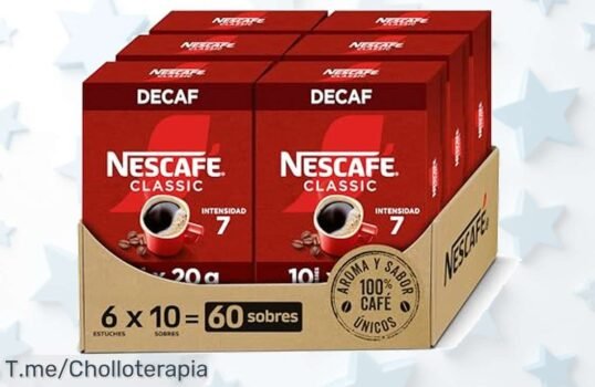 Descubre el sabor auténtico de NESCAFÉ CLASSIC DESCAFEINADO: 60 sobres irresistibles en un super chollo que no podrás dejar pasar ¡Haz tu pedido y disfruta ya!