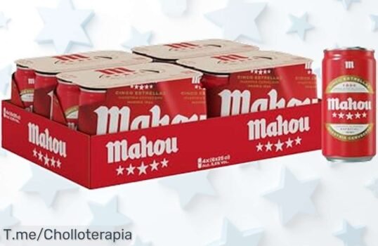 Descubre el sabor dorado de Mahou 5 Estrellas en un pack de 24 latas a precio loco, ideal para tus reuniones ¡No te quedes sin este ofertón limitado y bríndate una experiencia única!