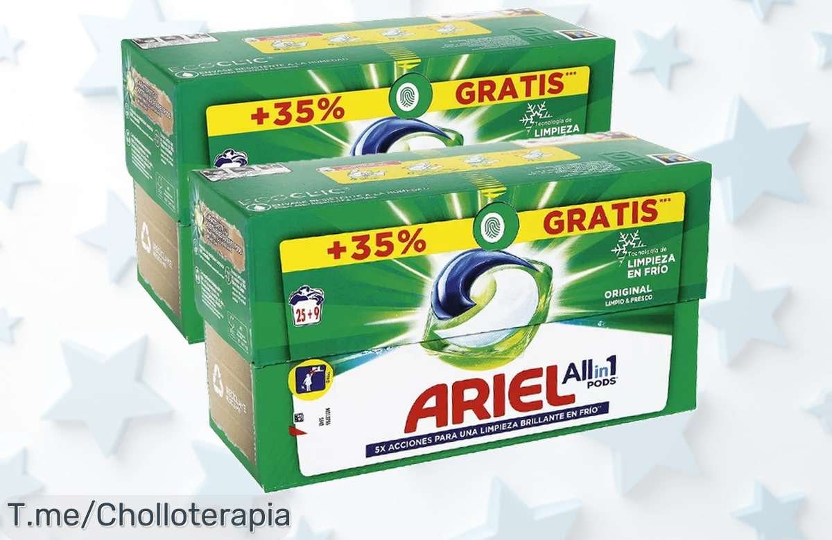 Llévate el pack de ARIEL Allin1: 2 Cajas con 68 Lavados a un precio loco. ¡Adiós manchas y limpieza total! Oferta limitada, haz tu pedido ya antes que se acabe.