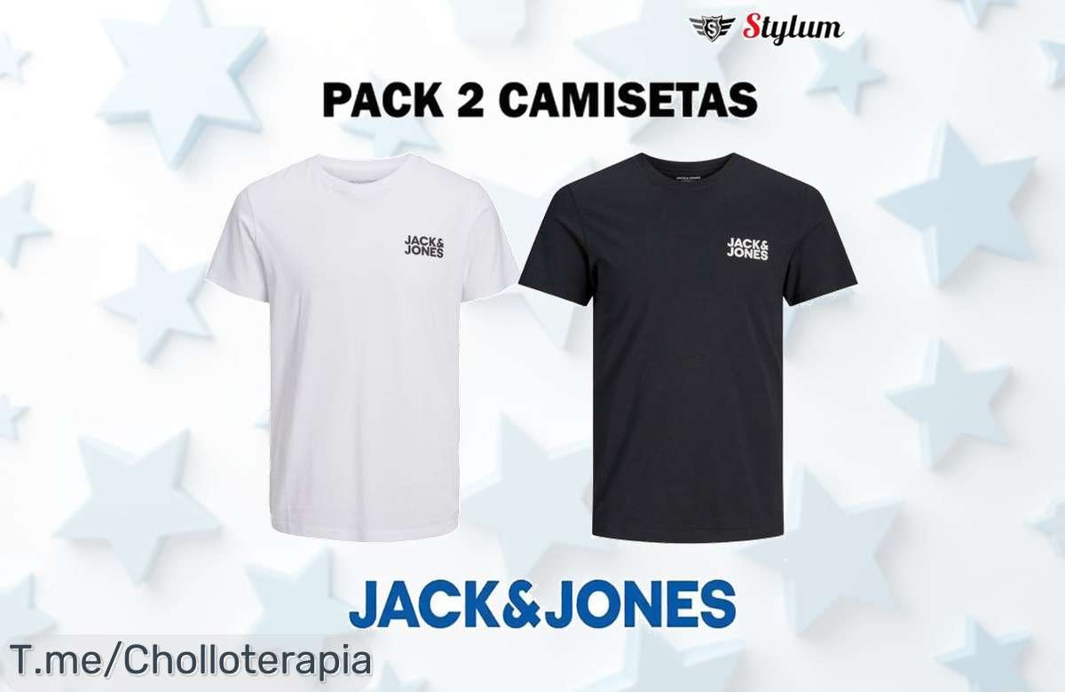 Renueva tu estilo con el pack de 2 camisetas Jack & Jones, ¡un super chollo! Con diseño fresco y cómodo para el verano. Aprovecha este ofertón antes que se acabe y compra ya.