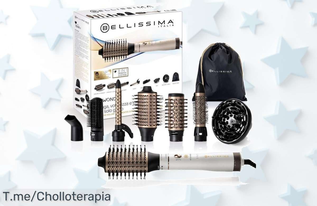 Transforma tu cabello con el Cepillo de Aire Caliente Bellissima: 1000W, tecnología ion y 8 accesorios. ¡Aprovecha este ofertón antes de que se agote!
